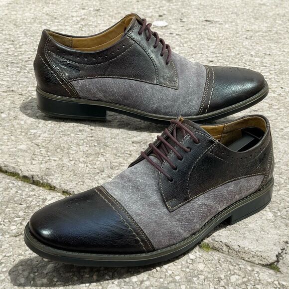 Clarks Garren Cap-Toe Oxford Mens 10.5 Brown Combi Leather Fabric Dress Shoe EUC - Picture 1 of 16